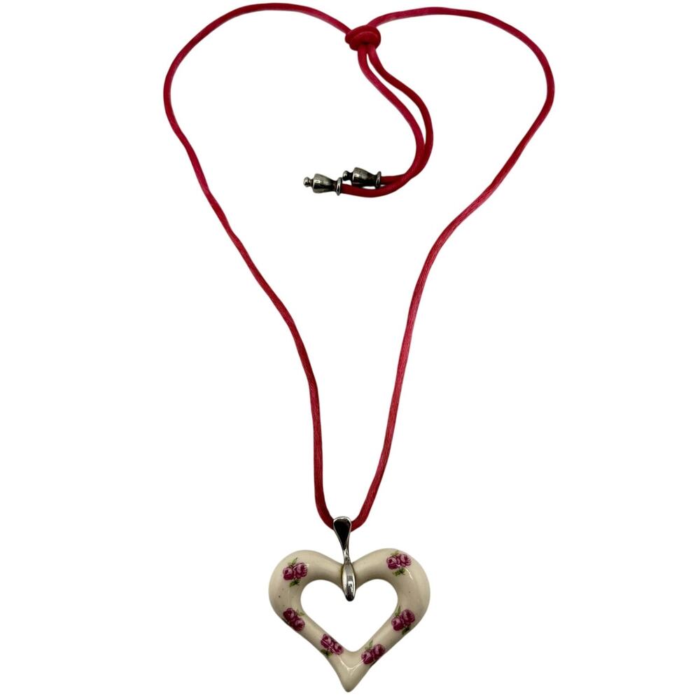 Vintage 925 Sterling Silver Porcelain Heart Rose Details Romantic 31" Necklace